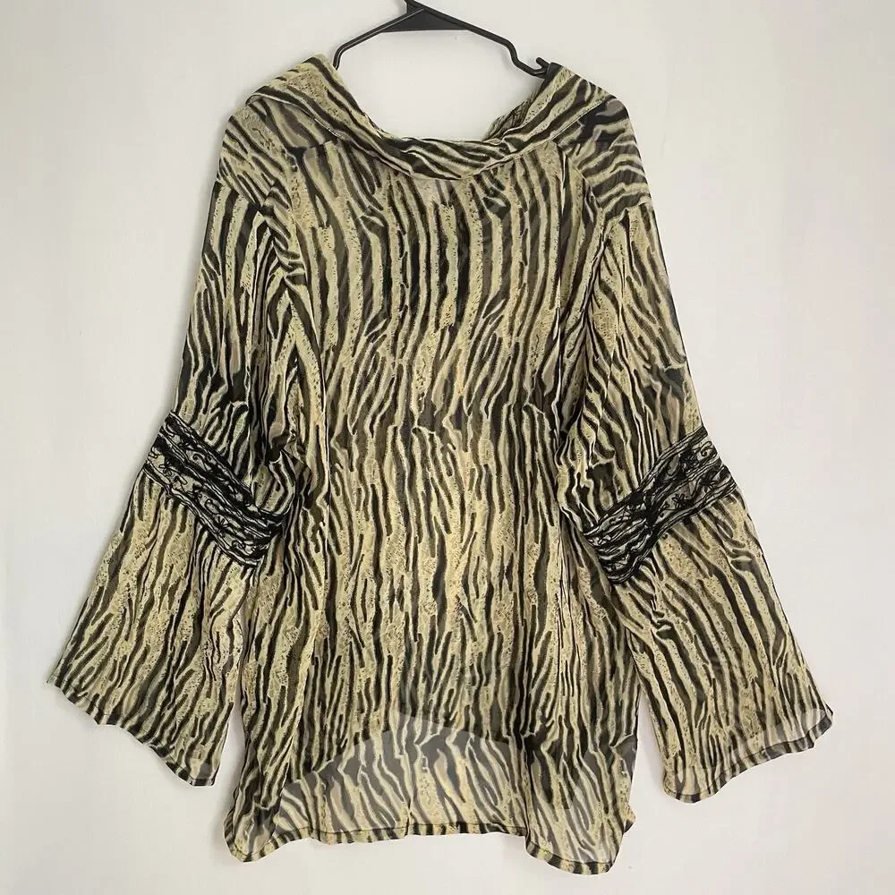 NWT Adini Blouse 2X Animal Print Sheer Tunic Bell Sleeve Boho Artsy Top Zebra - Picture 2 of 8